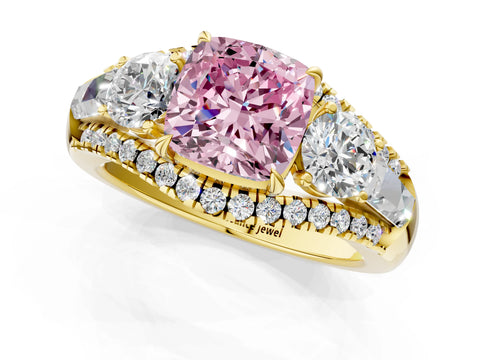 Yellow gold Three-Stone Fancy Pink Cushion Cut Diamond Engagement Ring with Pave Band and Prong Setting_13