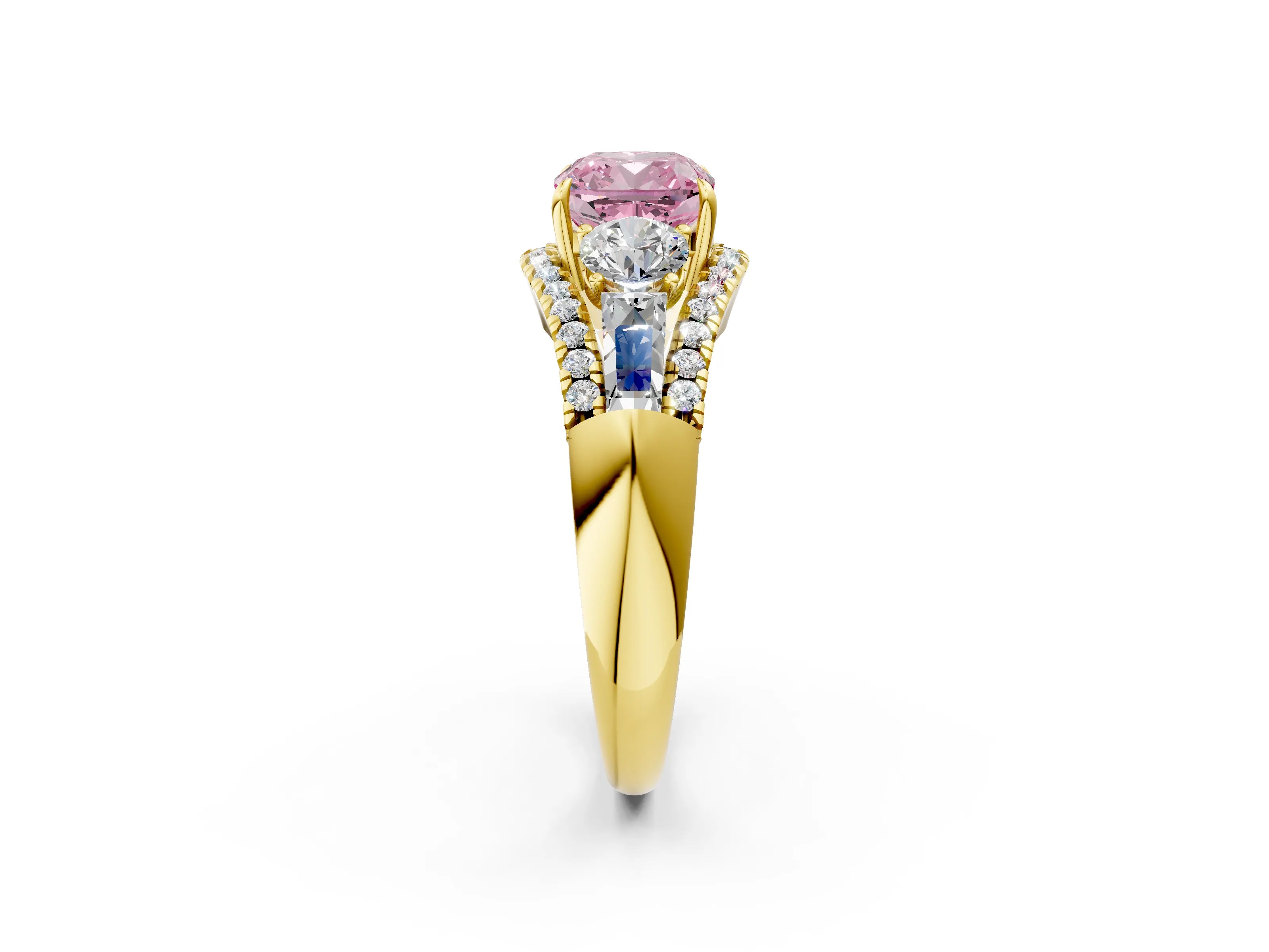 Yellow gold Three-Stone Fancy Pink Cushion Cut Diamond Engagement Ring with Pave Band and Prong Setting_14