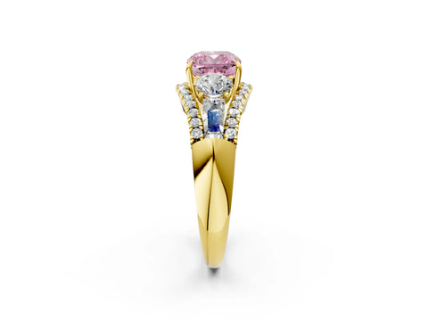 Yellow gold Three-Stone Fancy Pink Cushion Cut Diamond Engagement Ring with Pave Band and Prong Setting_14