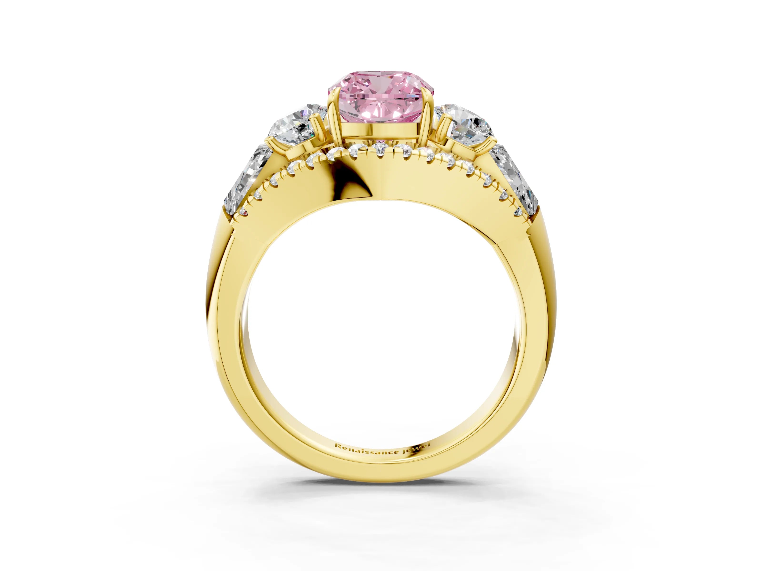 Yellow gold Three-Stone Fancy Pink Cushion Cut Diamond Engagement Ring with Pave Band and Prong Setting_15