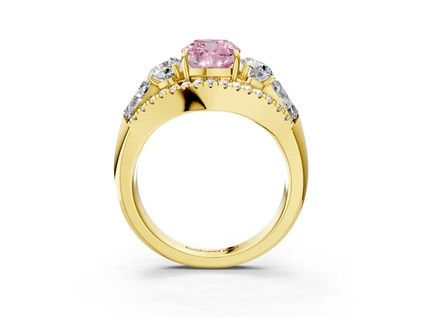 Yellow gold Three-Stone Fancy Pink Cushion Cut Diamond Engagement Ring with Pave Band and Prong Setting