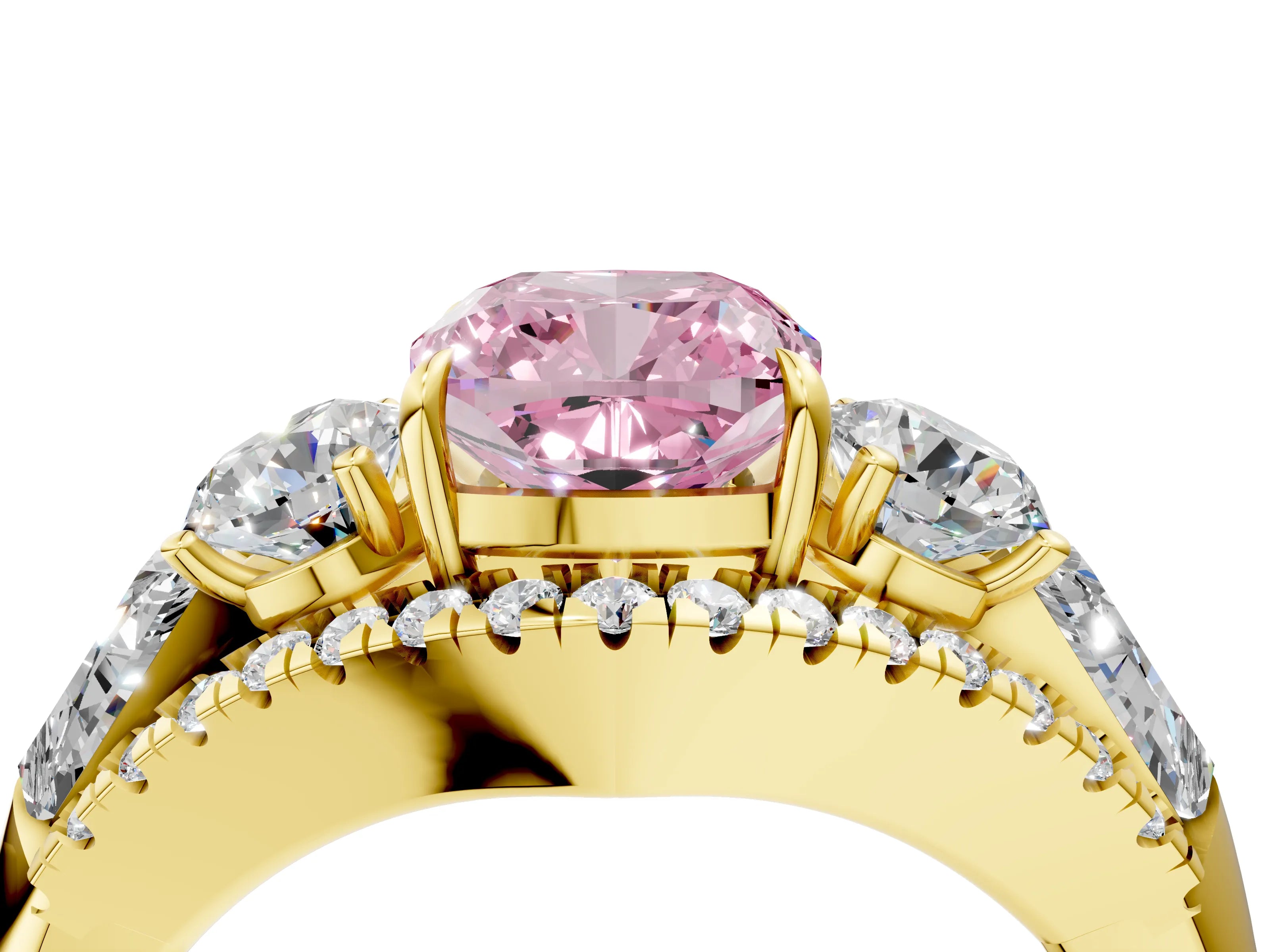 Yellow gold Three-Stone Fancy Pink Cushion Cut Diamond Engagement Ring with Pave Band and Prong Setting_16
