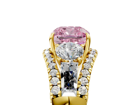 Yellow gold Three-Stone Fancy Pink Cushion Cut Diamond Engagement Ring with Pave Band and Prong Setting_17