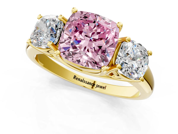 Yellow gold Three-Stone Fancy Pink Cushion Cut Diamond Engagement Ring with Prong Setting