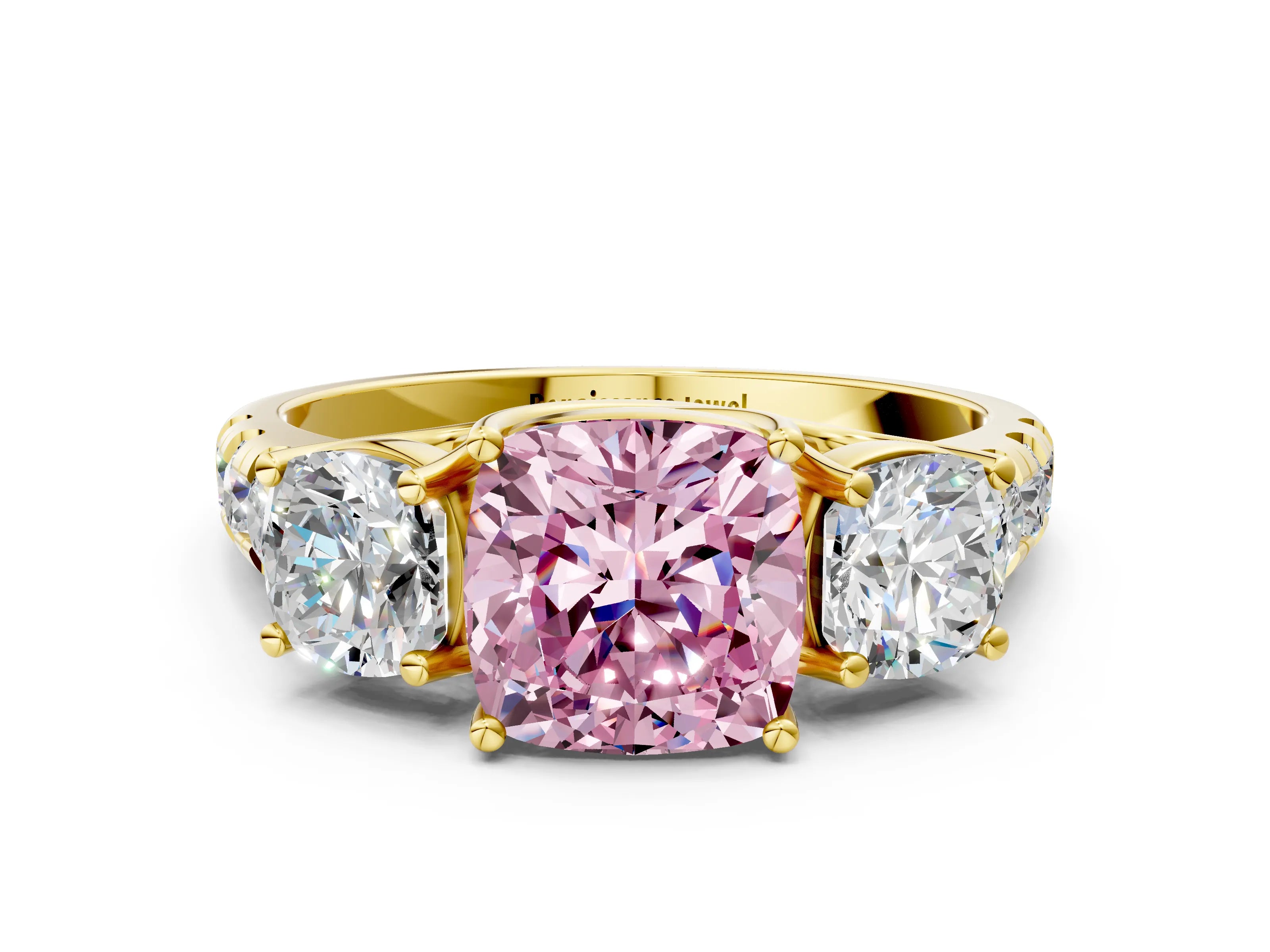 Yellow gold Three-Stone Fancy Pink Cushion Cut Diamond Pavé Band with Prong Setting