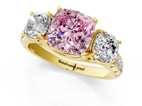 Yellow gold Three-Stone Fancy Pink Cushion Cut Diamond Pavé Band with Prong Setting_1