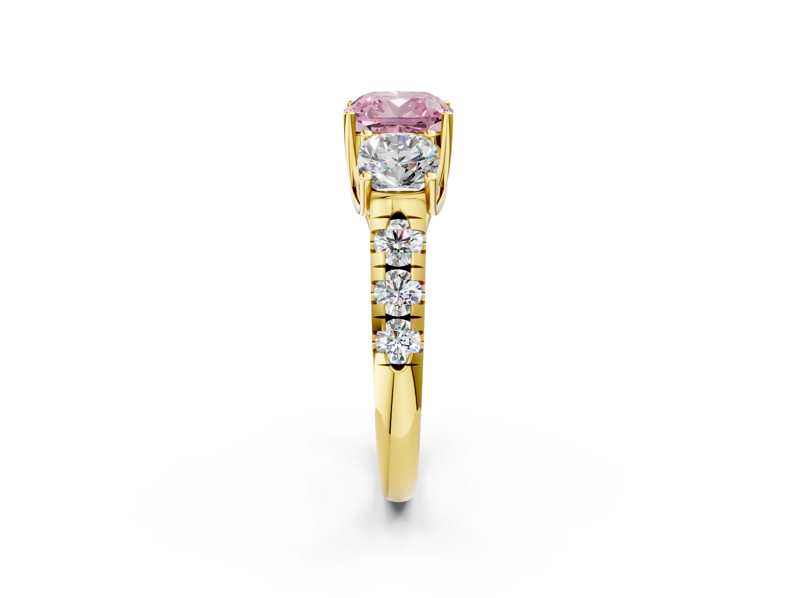 Yellow gold Three-Stone Fancy Pink Cushion Cut Diamond Pavé Band with Prong Setting_2