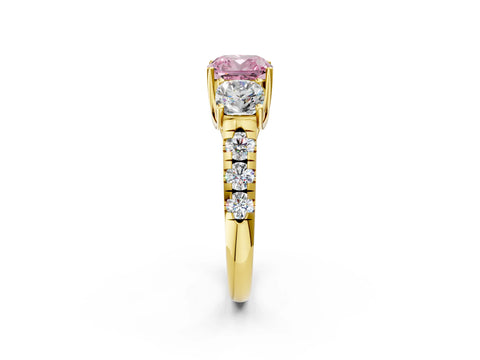 Yellow gold Three-Stone Fancy Pink Cushion Cut Diamond Pavé Band with Prong Setting_2