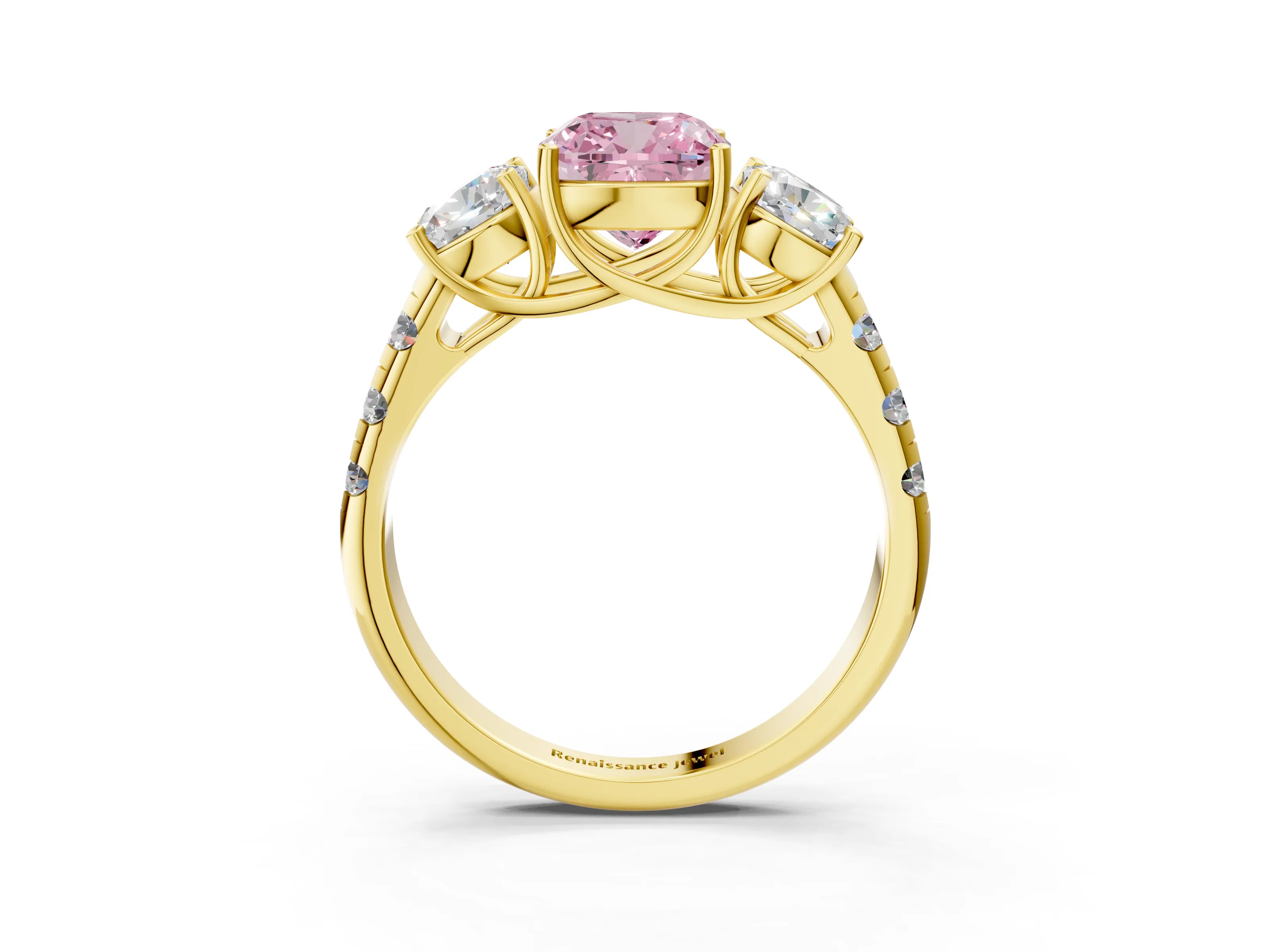 Yellow gold Three-Stone Fancy Pink Cushion Cut Diamond Pavé Band with Prong Setting_3