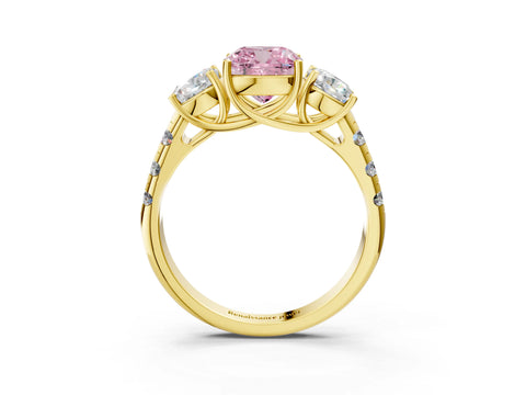 Yellow gold Three-Stone Fancy Pink Cushion Cut Diamond Pavé Band with Prong Setting_3