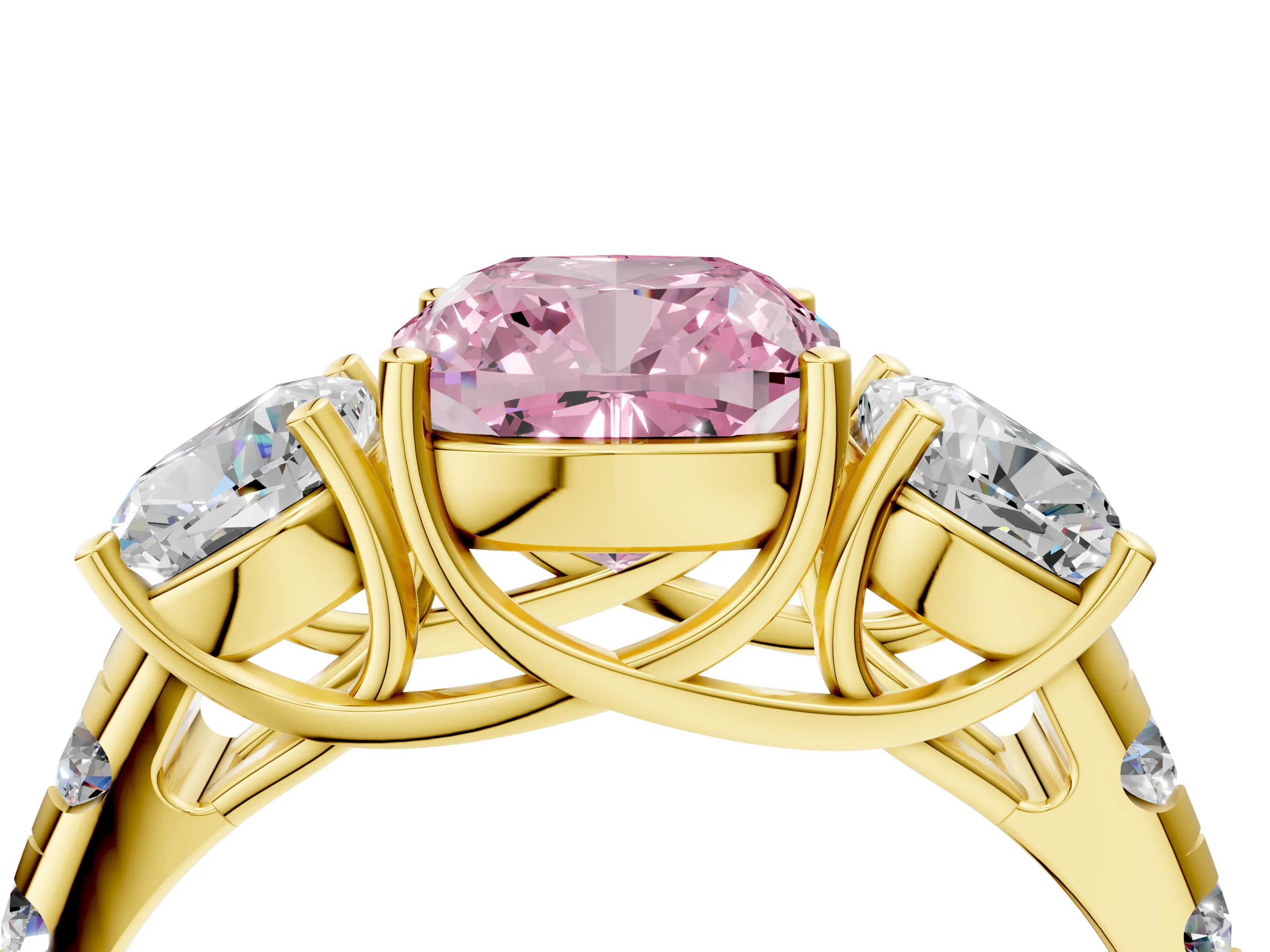 Yellow gold Three-Stone Fancy Pink Cushion Cut Diamond Pavé Band with Prong Setting_4