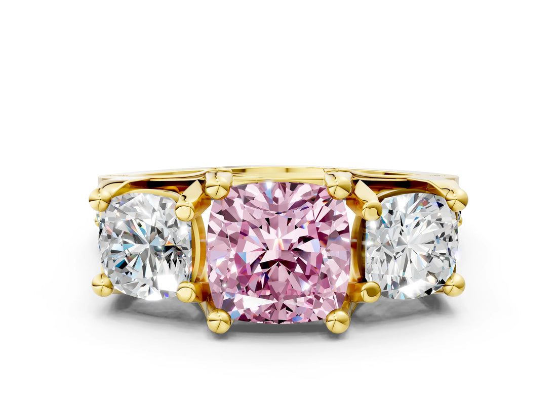 Yellow gold Three-Stone Fancy Pink Cushion  Cut Diamond Ring with Channel-Set Band and Four-Prong Setting_52