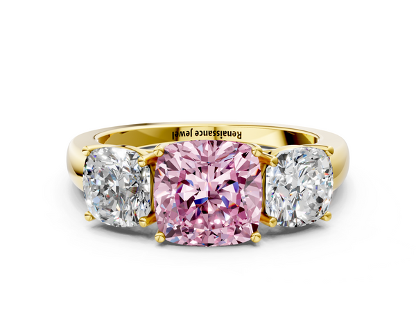 Yellow gold Fancy Pink Cushion Cut Diamond Three-Stone Ring with Four-Prong Setting and Classic Band