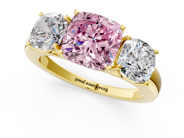 Yellow gold Fancy Pink Cushion Cut Diamond Three-Stone Ring with Four-Prong Setting and Classic Band