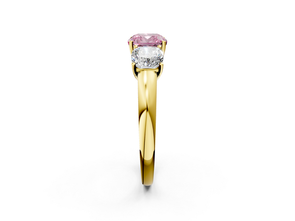 Yellow gold Fancy Pink Cushion Cut Diamond Three-Stone Ring with Four-Prong Setting and Classic Band