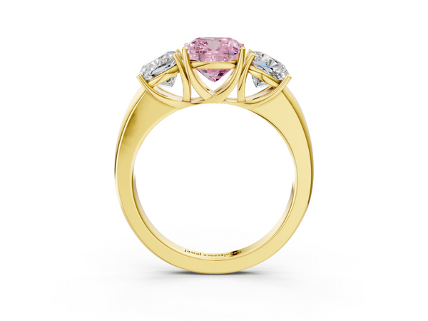 Yellow gold Fancy Pink Cushion Cut Diamond Three-Stone Ring with Four-Prong Setting and Classic Band