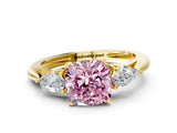 Yellow gold Three-Stone Fancy Pink Cushion Cut Diamond Ring with Pear  Side Stones in Four-Prong Setting_12