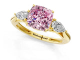 Yellow gold Three-Stone Fancy Pink Cushion Cut Diamond Ring with Pear  Side Stones in Four-Prong Setting_13
