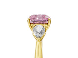 Yellow gold Three-Stone Fancy Pink Cushion Cut Diamond Ring with Pear  Side Stones in Four-Prong Setting_17