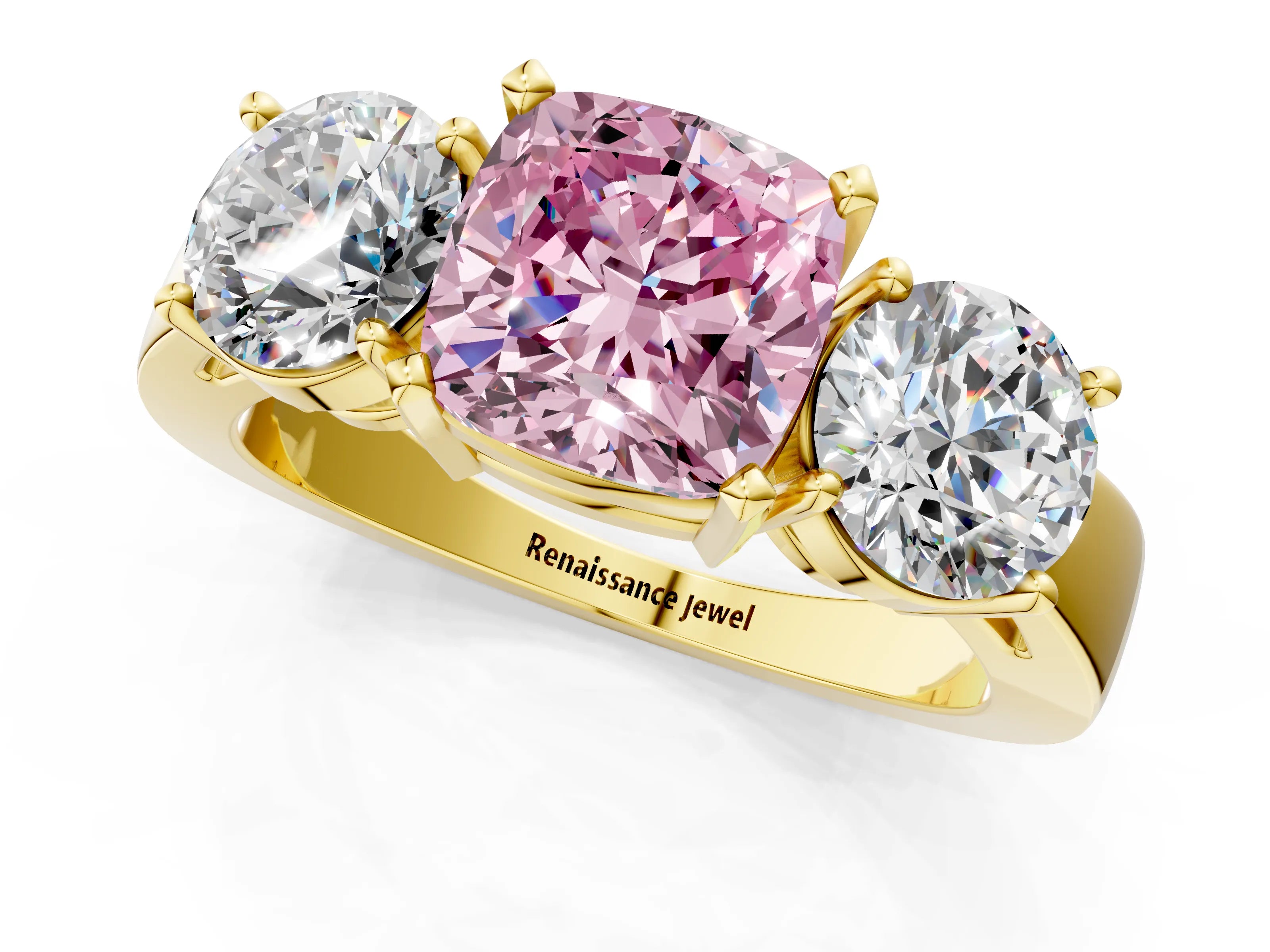 Yellow gold Three-Stone Fancy Pink Cushion Cut Diamond Ring with Round Side Stones, Classic Band, and Four-Prong Setting_1