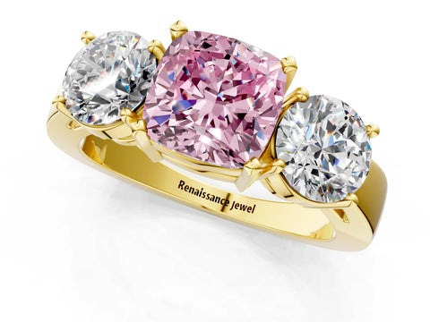 Yellow gold Three-Stone Fancy Pink Cushion Cut Diamond Ring with Round Side Stones, Classic Band, and Four-Prong Setting_1