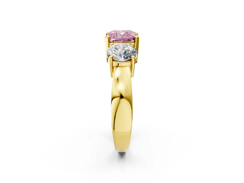 Yellow gold Three-Stone Fancy Pink Cushion Cut Diamond Ring with Round Side Stones, Classic Band, and Four-Prong Setting_2