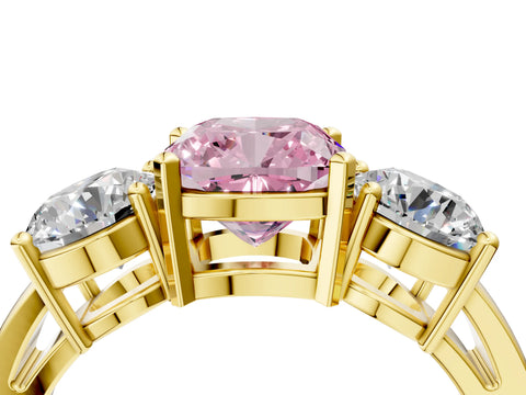 Yellow gold Three-Stone Fancy Pink Cushion Cut Diamond Ring with Round Side Stones, Classic Band, and Four-Prong Setting_4
