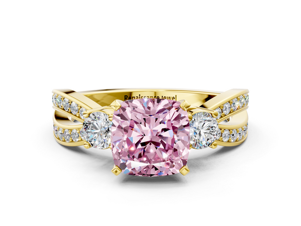 Yellow gold Three-Stone Fancy Pink Cushion  Cut Diamond Twist Band with Prong Setting