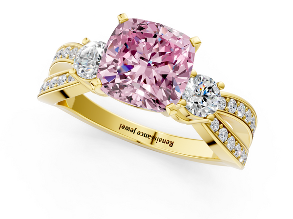 Yellow gold Three-Stone Fancy Pink Cushion  Cut Diamond Twist Band with Prong Setting