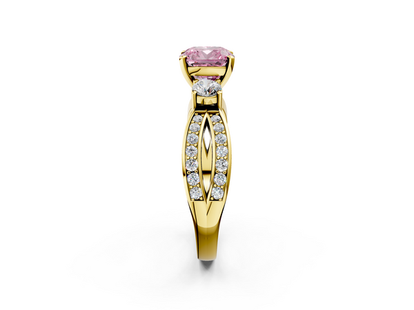 Yellow gold Three-Stone Fancy Pink Cushion  Cut Diamond Twist Band with Prong Setting