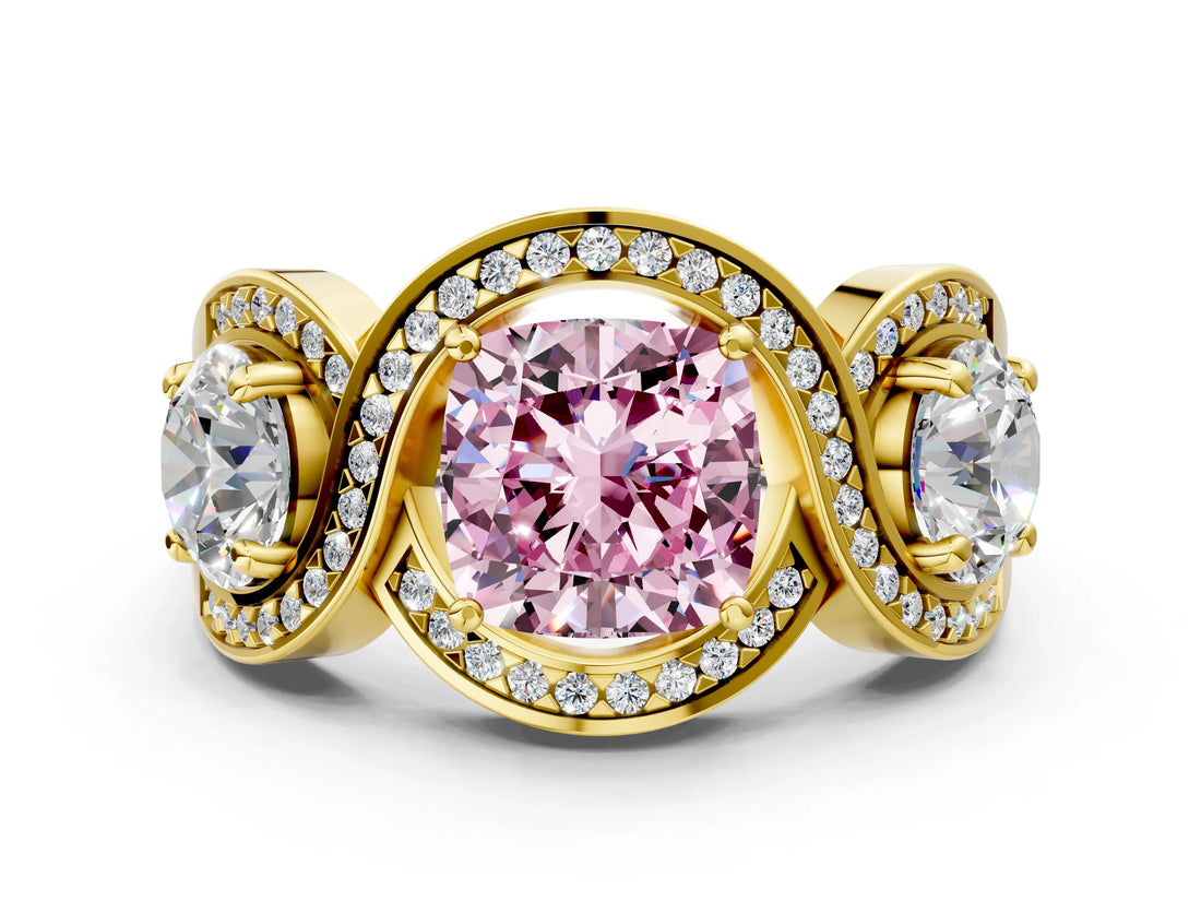 Yellow gold Three-Stone Fancy Pink Cushion Cut Diamond Wave Pave Band with Prong Setting