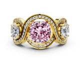 Yellow gold Three-Stone Fancy Pink Cushion Cut Diamond Wave Pave Band with Prong Setting