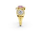 Yellow gold Three-Stone Fancy Pink Cushion Cut Diamond Wave Pave Band with Prong Setting_2