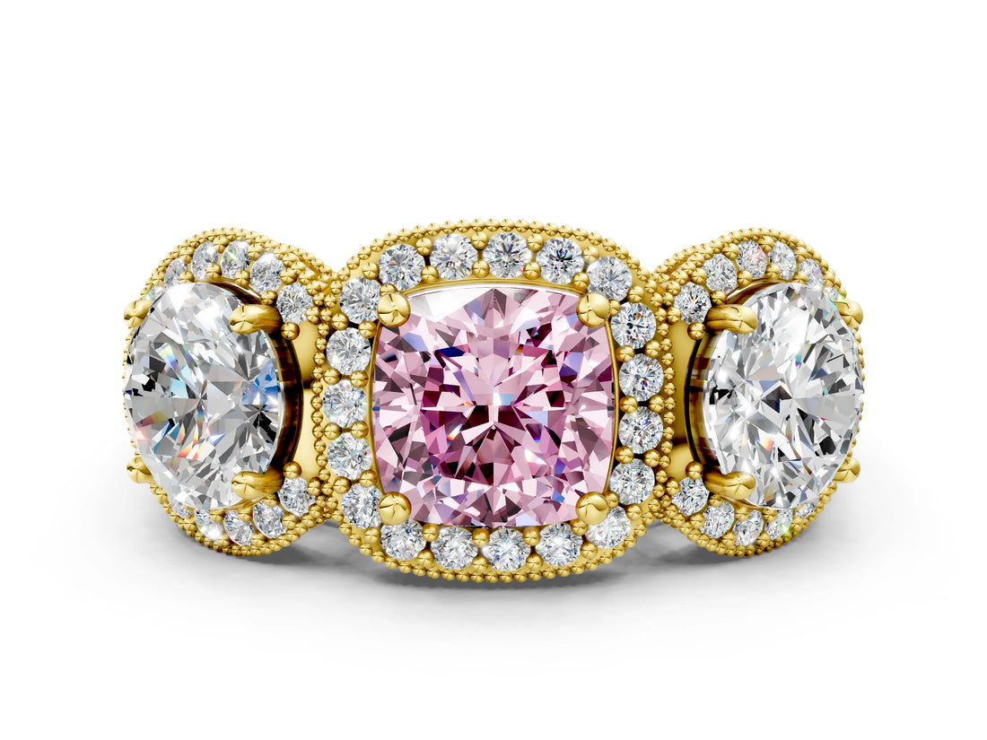 Yellow gold Three-Stone Fancy Pink Cushion Cut Halo Diamond Milgrain Band with Four-Prong Setting