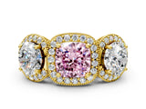 Yellow gold Three-Stone Fancy Pink Cushion Cut Halo Diamond Milgrain Band with Four-Prong Setting