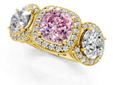 Yellow gold Three-Stone Fancy Pink Cushion Cut Halo Diamond Milgrain Band with Four-Prong Setting_1