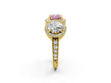 Yellow gold Three-Stone Fancy Pink Cushion Cut Halo Diamond Milgrain Band with Four-Prong Setting_2