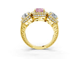 Yellow gold Three-Stone Fancy Pink Cushion Cut Halo Diamond Milgrain Band with Four-Prong Setting_3