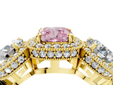 Yellow gold Three-Stone Fancy Pink Cushion Cut Halo Diamond Milgrain Band with Four-Prong Setting_4