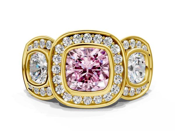 Yellow gold Three-Stone Fancy Pink Cushion Cut Halo Pavé Diamond Ring