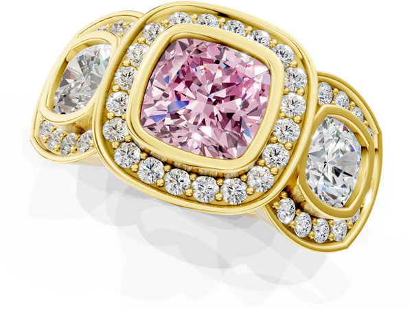 Yellow gold Three-Stone Fancy Pink Cushion Cut Halo Pavé Diamond Ring