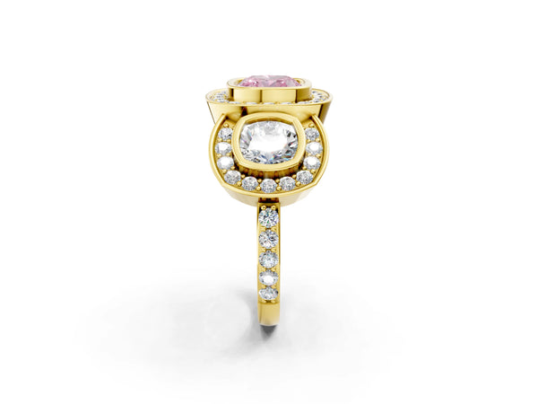 Yellow gold Three-Stone Fancy Pink Cushion Cut Halo Pavé Diamond Ring