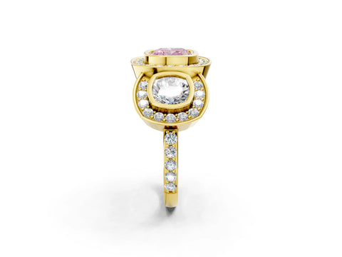 Yellow gold Three-Stone Fancy Pink Cushion Cut Halo Pavé Diamond Ring_2