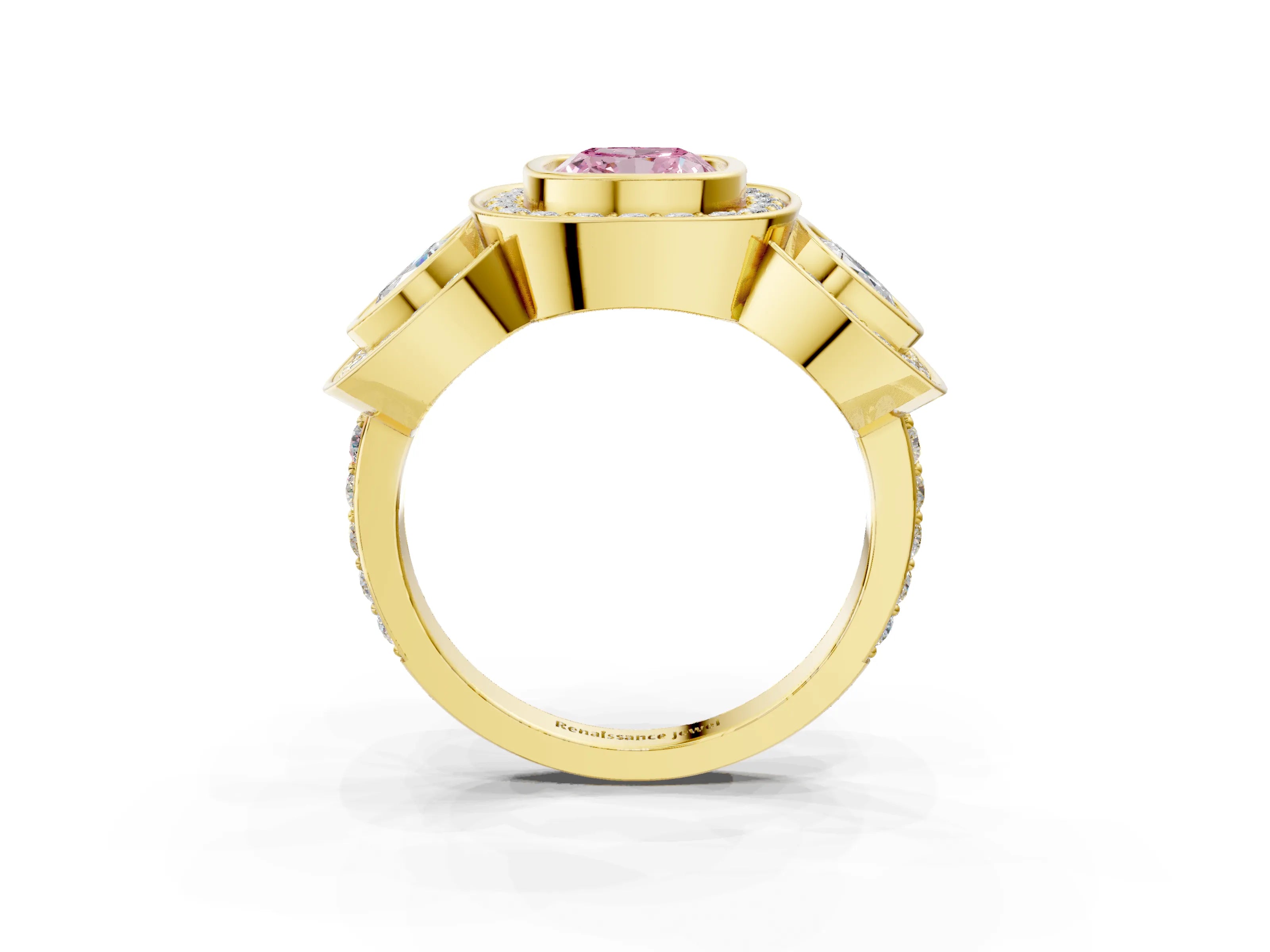Yellow gold Three-Stone Fancy Pink Cushion Cut Halo Pavé Diamond Ring_3