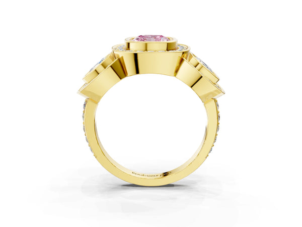 Yellow gold Three-Stone Fancy Pink Cushion Cut Halo Pavé Diamond Ring