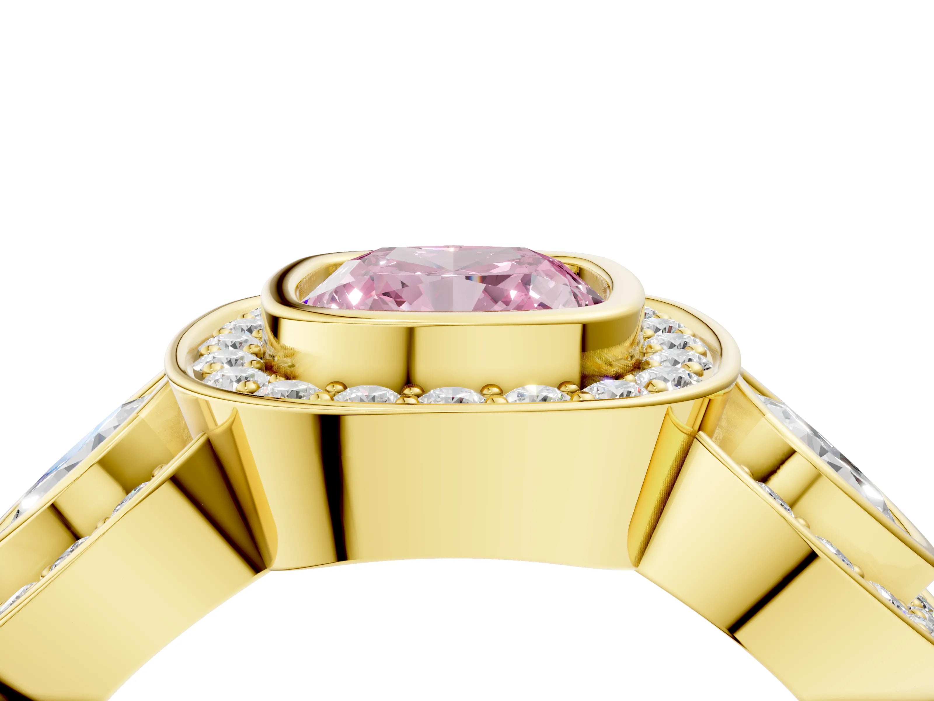 Yellow gold Three-Stone Fancy Pink Cushion Cut Halo Pavé Diamond Ring_4