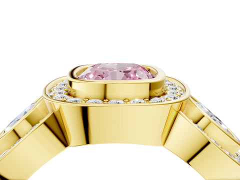 Yellow gold Three-Stone Fancy Pink Cushion Cut Halo Pavé Diamond Ring_4