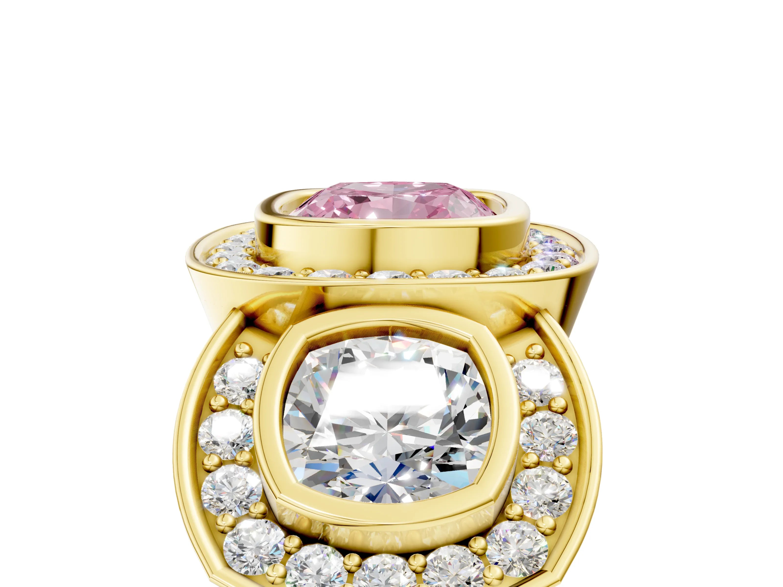 Yellow gold Three-Stone Fancy Pink Cushion Cut Halo Pavé Diamond Ring_5