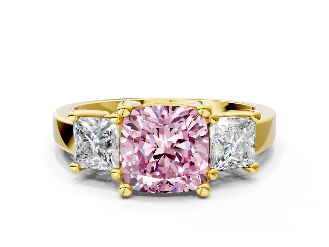 Yellow gold Three-Stone Fancy Pink Cushion  Cut Solitaire Ring with Prong Setting_3