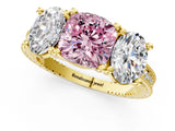 Yellow gold Three-Stone Fancy Pink Cushion  Diamond Milgrain Pave Band with Prong Setting 1